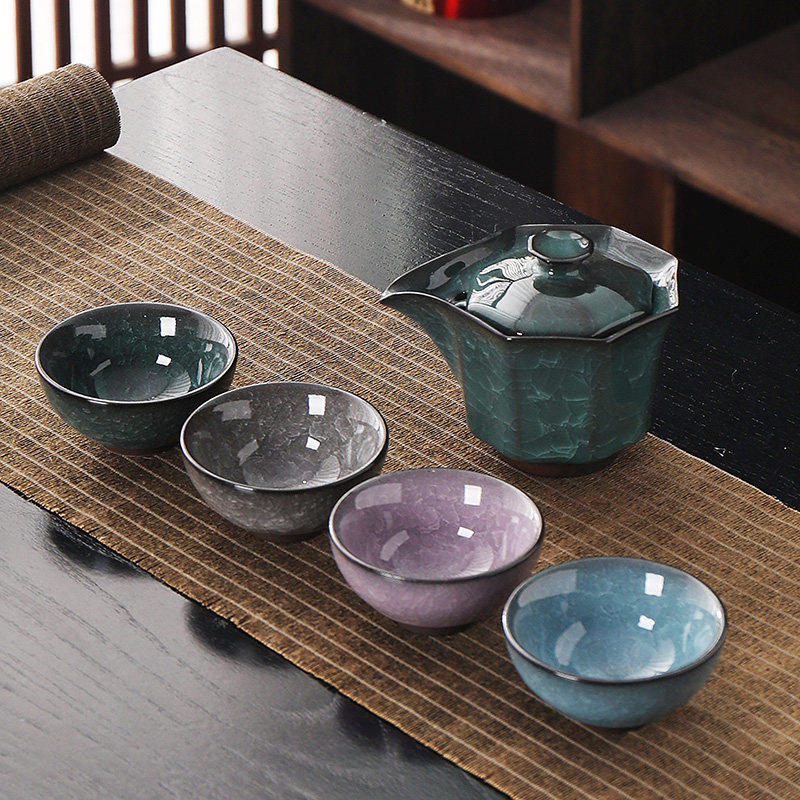 景德镇汝窑冰花茶具一壶四杯开片可养功夫茶具铁胎茶壶茶杯茶盏套
