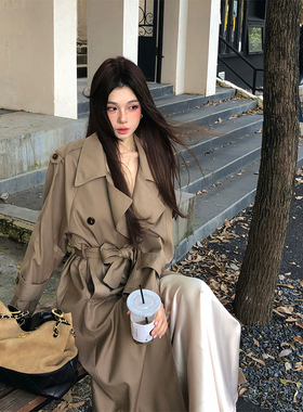 MaxMooroe韩女风衣%英伦风长款风衣外套女秋宽松收腰显瘦过膝上衣