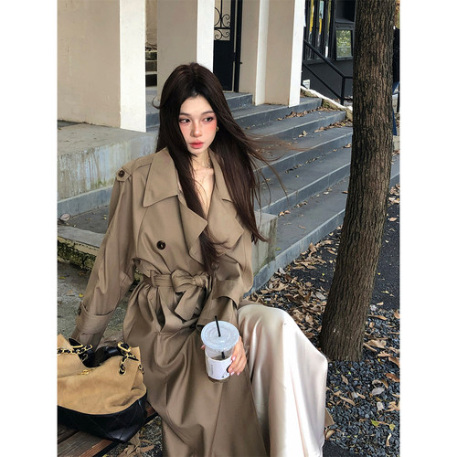 MaxMooroe韩女风衣%英伦风长款风衣外套女秋宽松收腰显瘦过膝上衣