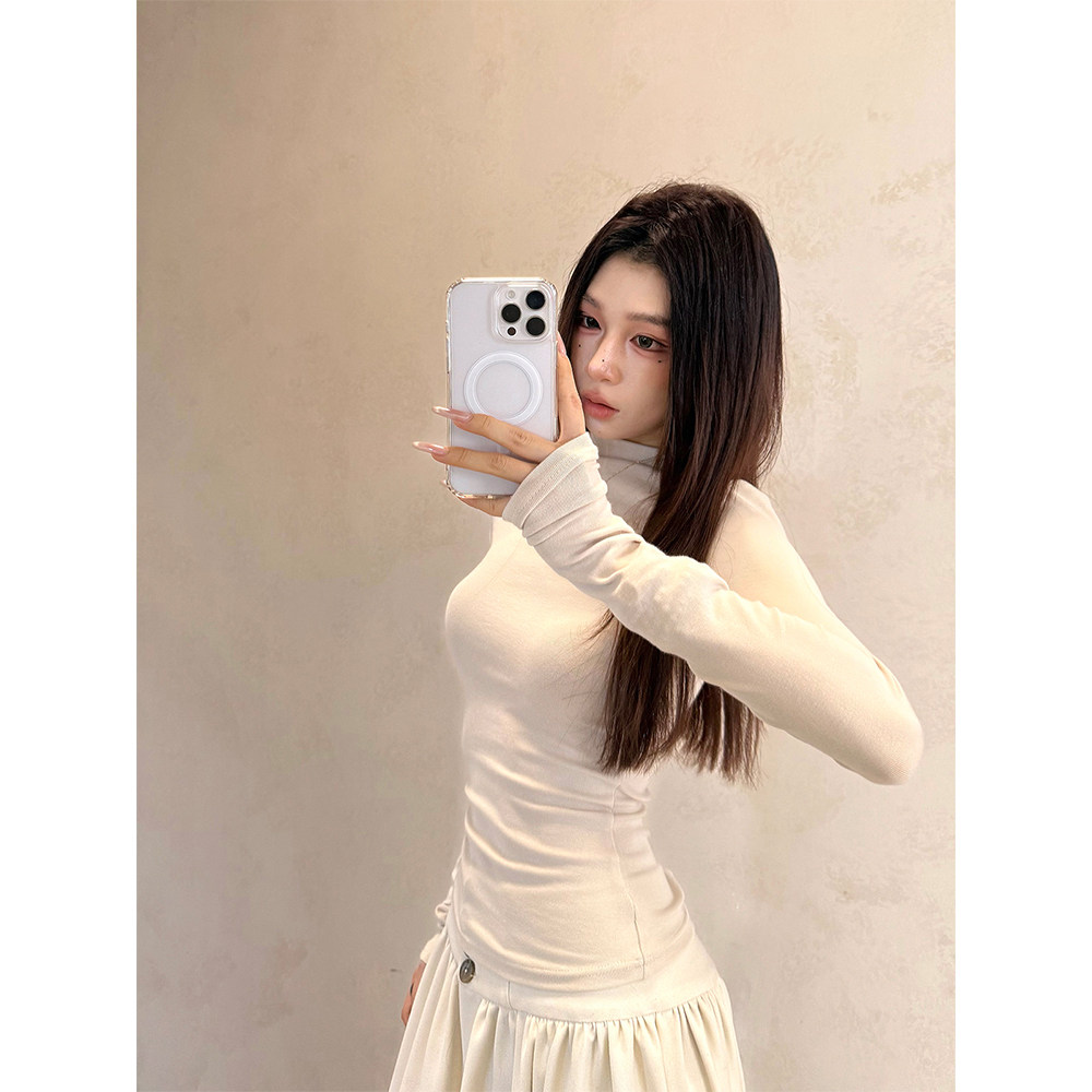 MaxMooroe极简淡人感%半高领纯欲辣妹长袖T恤女秋收腰显瘦打底衫