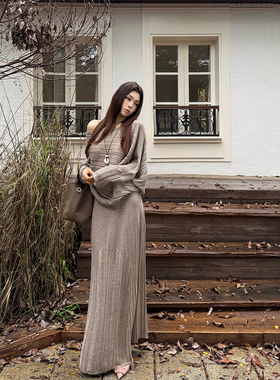 MaxMooroe灰调柏林%法式镂空半身裙女秋中长款针织裙a字显瘦长裙