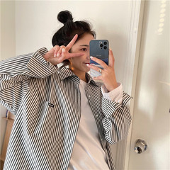 Real video striped shirt loose long sleeve shirt Korean fashion coat leisure port style top