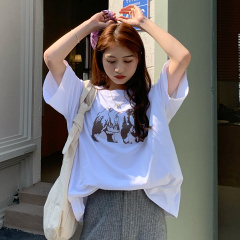 Real shot 2021 new loose round neck medium length short sleeve T-shirt spring and summer