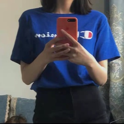 美版CHAMPION冠军草写大LOGO字母印花t恤宽松纯色夏季情侣短袖