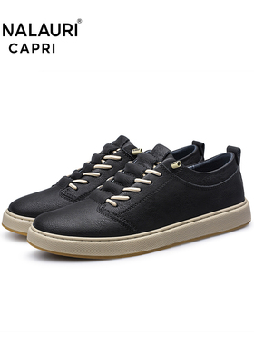 意大利PIALAURICAPRI轻质休闲板鞋男黑色真皮软底百搭潮鞋休闲鞋