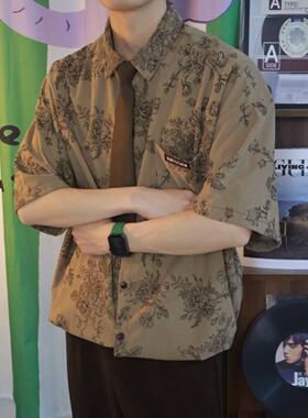 YINKESEN复古风植物花卉印花短袖衬衫男POLO领宽松古着感衬衣中性