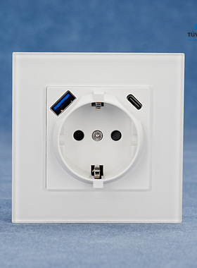 欧规86德国快充插座PD 20W德插USB-A墙壁插座Type-C钢化玻璃面板