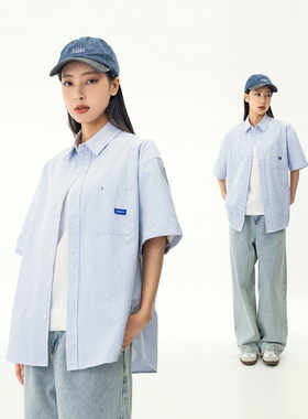 MANNSTU 夏季新款日系宽松简约短袖条纹衬衫女休闲纯棉中性衬衣男