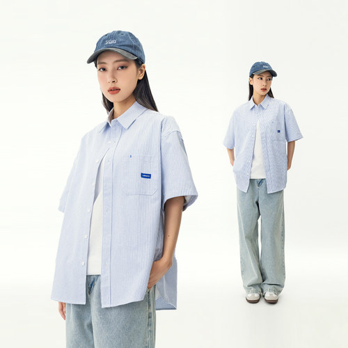 日系宽松简约胸口休闲纯棉衬衣