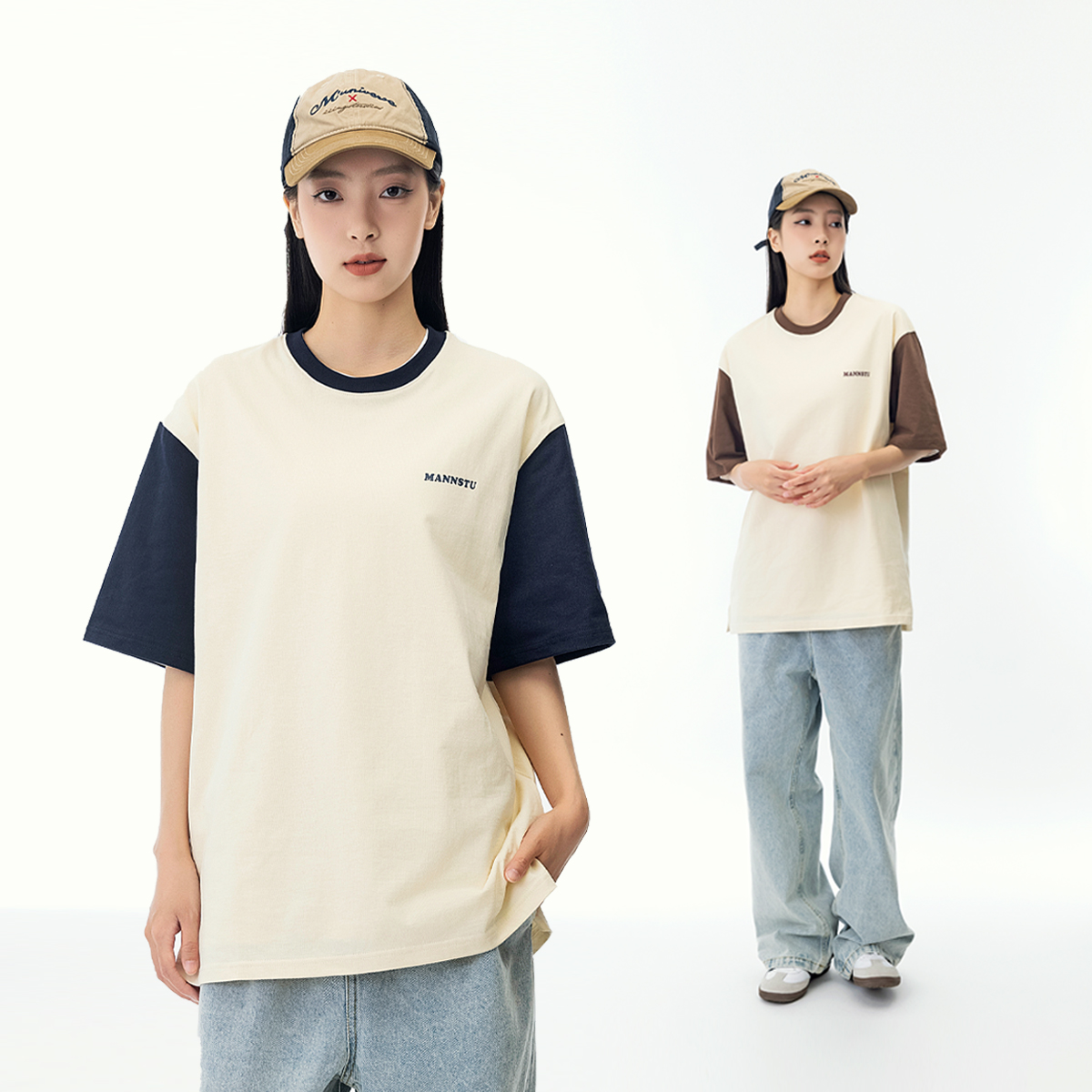 圆领短袖T恤女撞色拼接