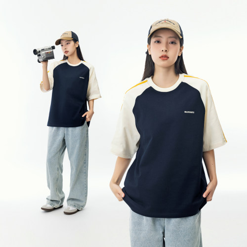 拼接插肩袖圆领短袖T恤女
