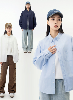 MANNSTU 春季新款日系宽松简约胸口包小标衬衫女 休闲纯色衬衣男