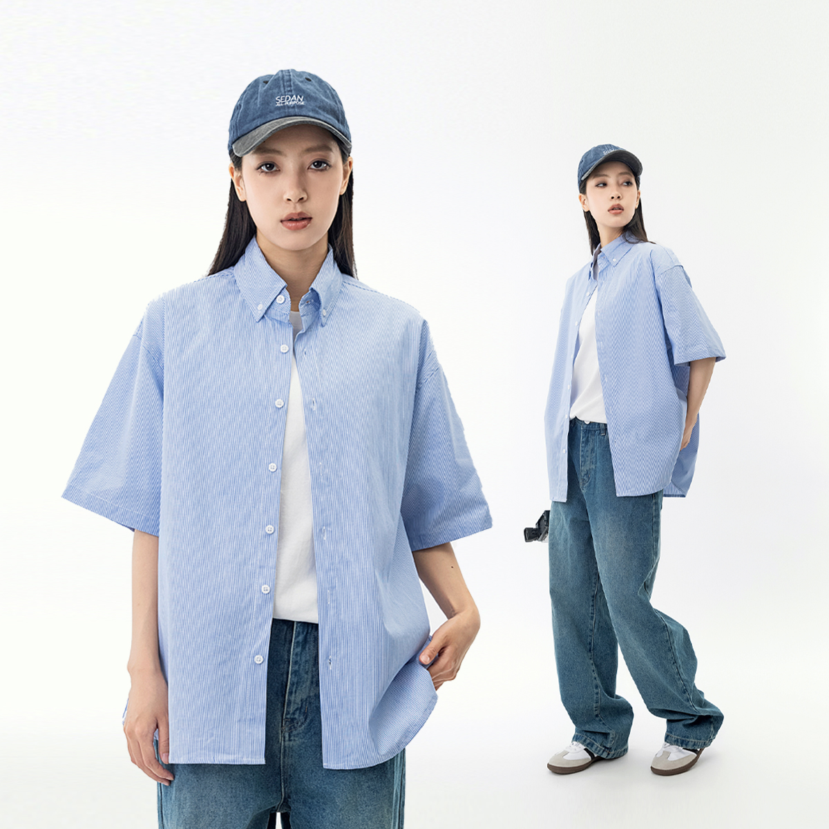 日系休闲宽松条纹短袖衬衣女