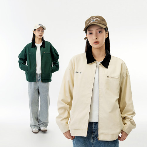 美式复古工装刺绣纯色夹克外套