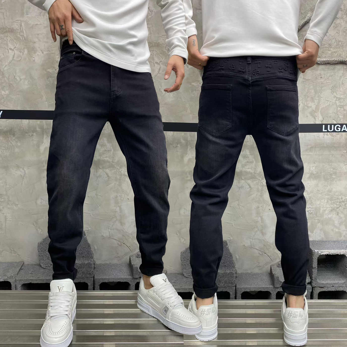 高品质加厚十字架黑色男士牛仔裤