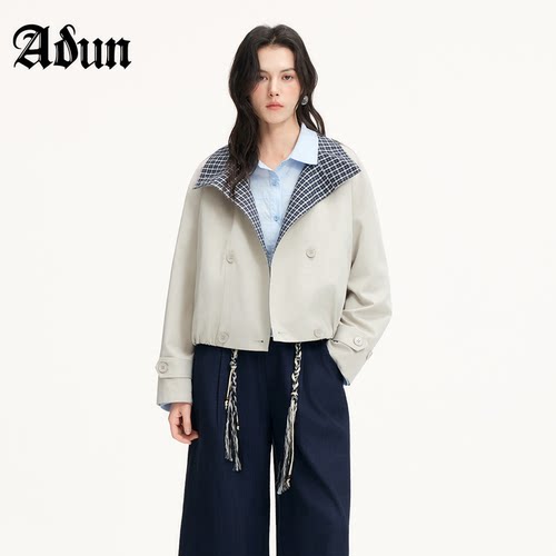 Abun【商场同款】2026年春季新品韩系撞色格纹翻领宽松休闲外套