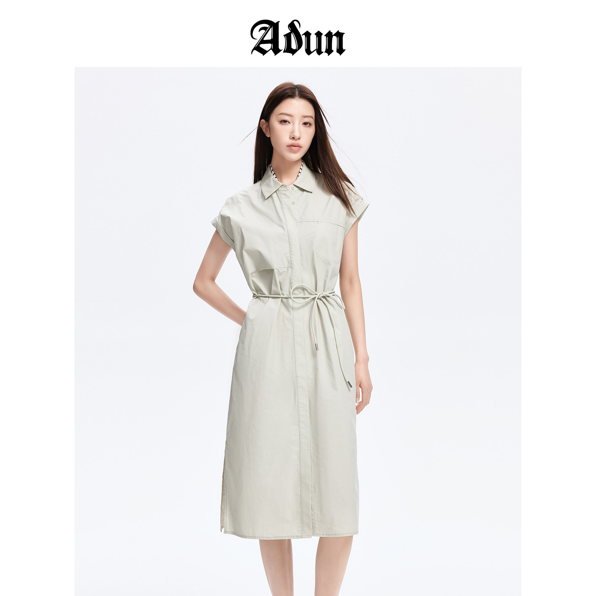 Abun【商场同款】夏季新品气质休闲系带收腰短袖连衣裙图片