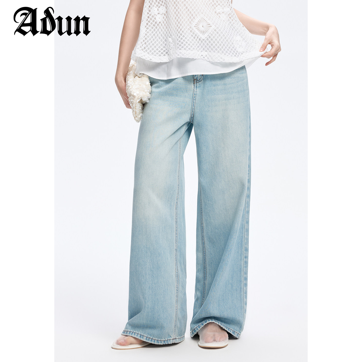 Abun【商场同款】夏季新品浅色高腰阔腿牛仔裤女通勤减龄图片