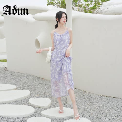 Abun【商场同款】2026年夏季新品紫色碎花荷叶边显瘦吊带连衣裙女