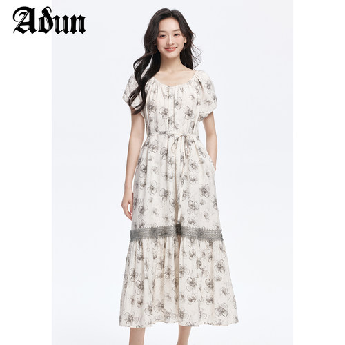 Abun夏季新品泡泡袖印花连衣裙