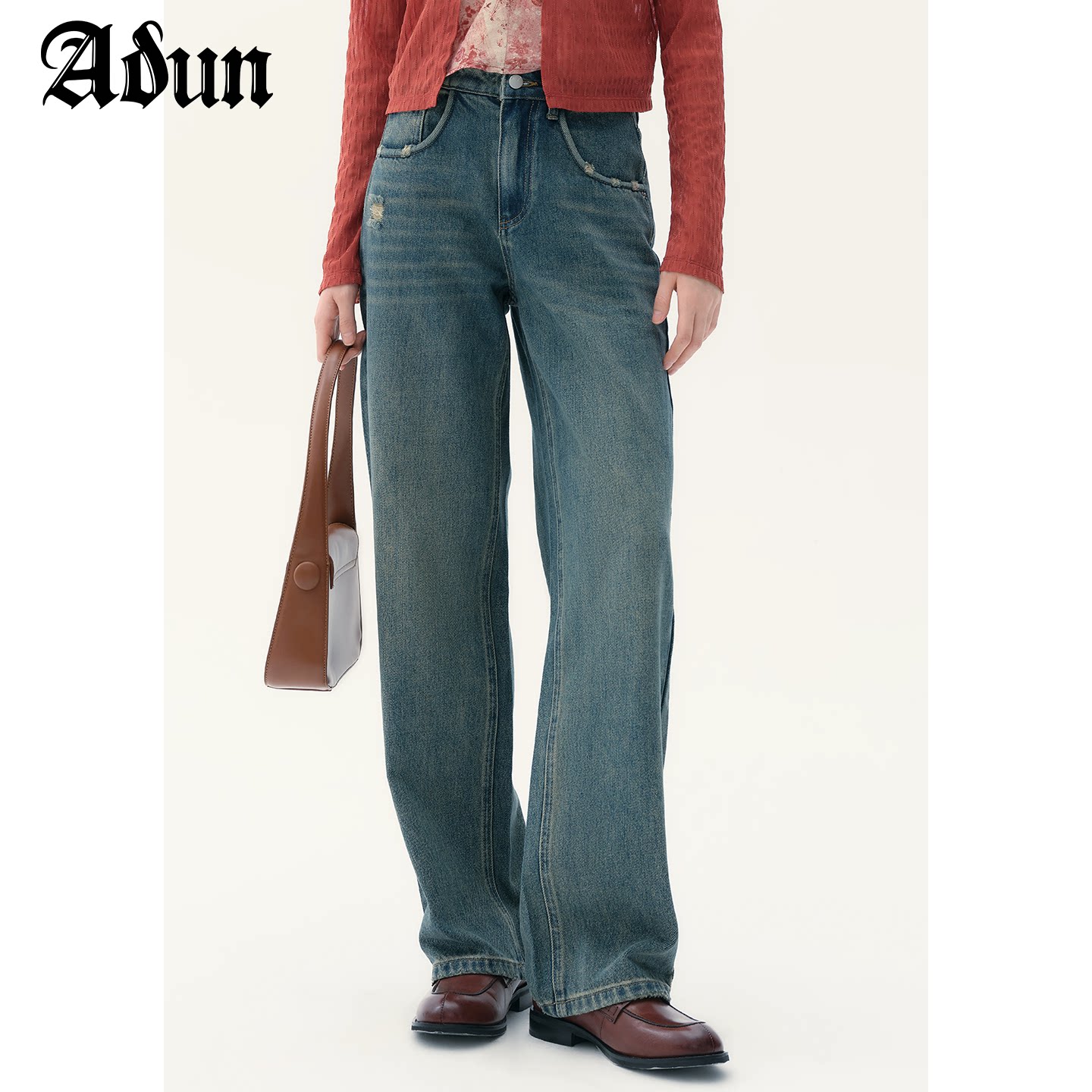 Abun【商场同款】2026秋季新品破洞做旧直筒牛仔裤女高腰显瘦
