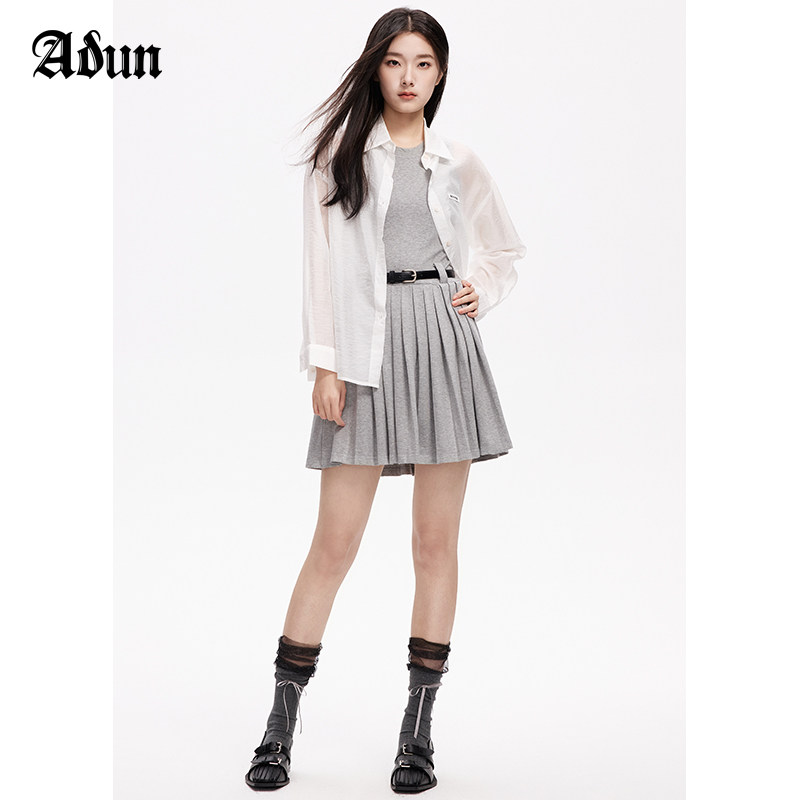 Abun春季新品简约字母衬衫百褶背心裙套装女