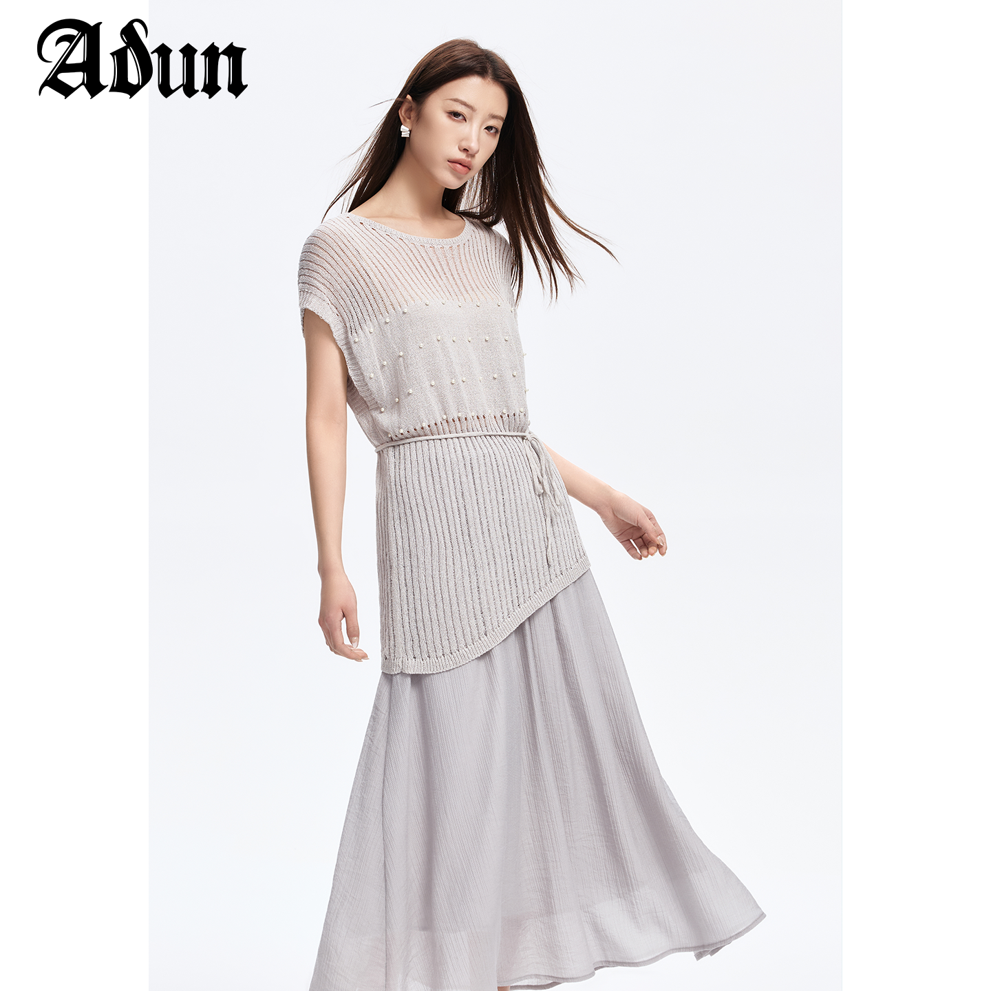 Abun【商场同款】夏季新品无袖薄款针织上衣纯色半裙套装女