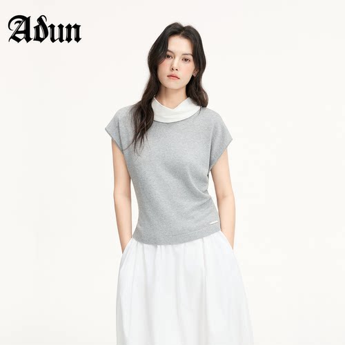 Abun【商场同款】2026年春季新品拼接堆堆领短袖针织衫女显瘦上衣