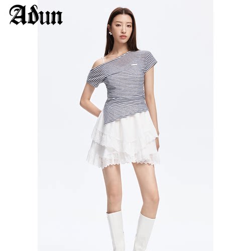 Abun【商场同款】夏季新品条纹上衣配短款蕾丝边吊带裙套装