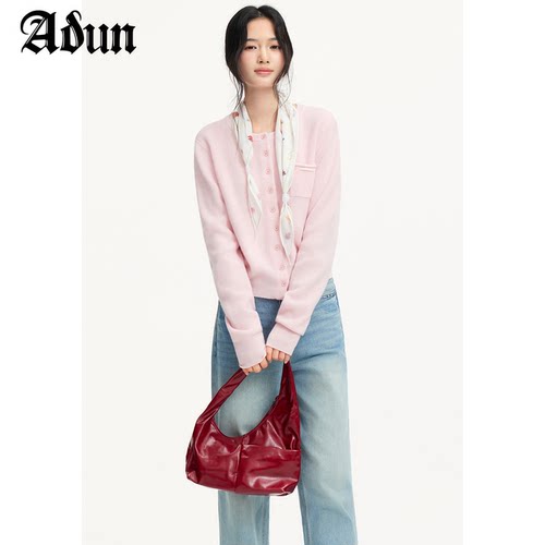 Abun【商场同款】2026年秋季新品百搭圆领短款单排扣开衫女