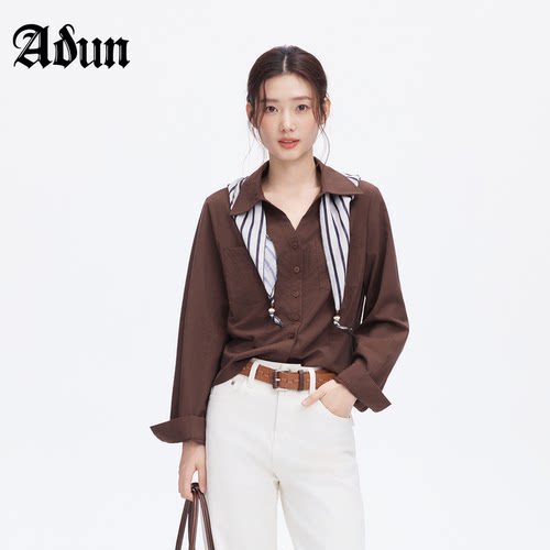 Abun【商场同款】2026年秋季新品美拉德风棕色衬衫可拆卸丝巾上衣