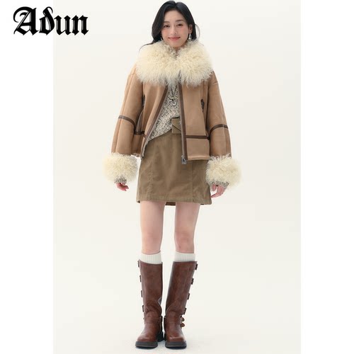 Abun【商场同款】2025年冬季新品短款毛绒领皮草外套女设计感小众