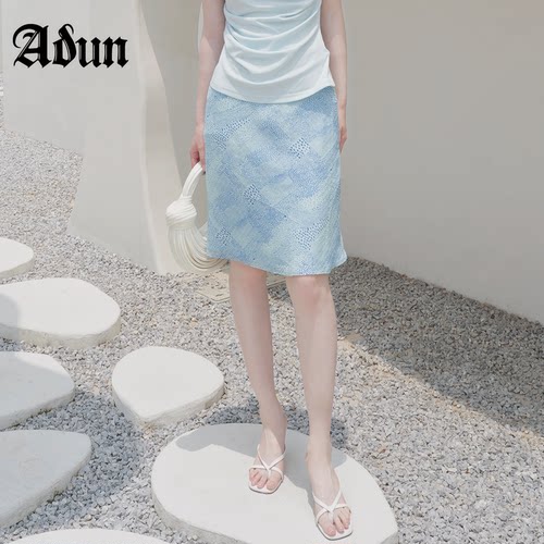 Abun【商场同款】2026 年夏季新品蓝晕染波点缎面半身垂感半裙