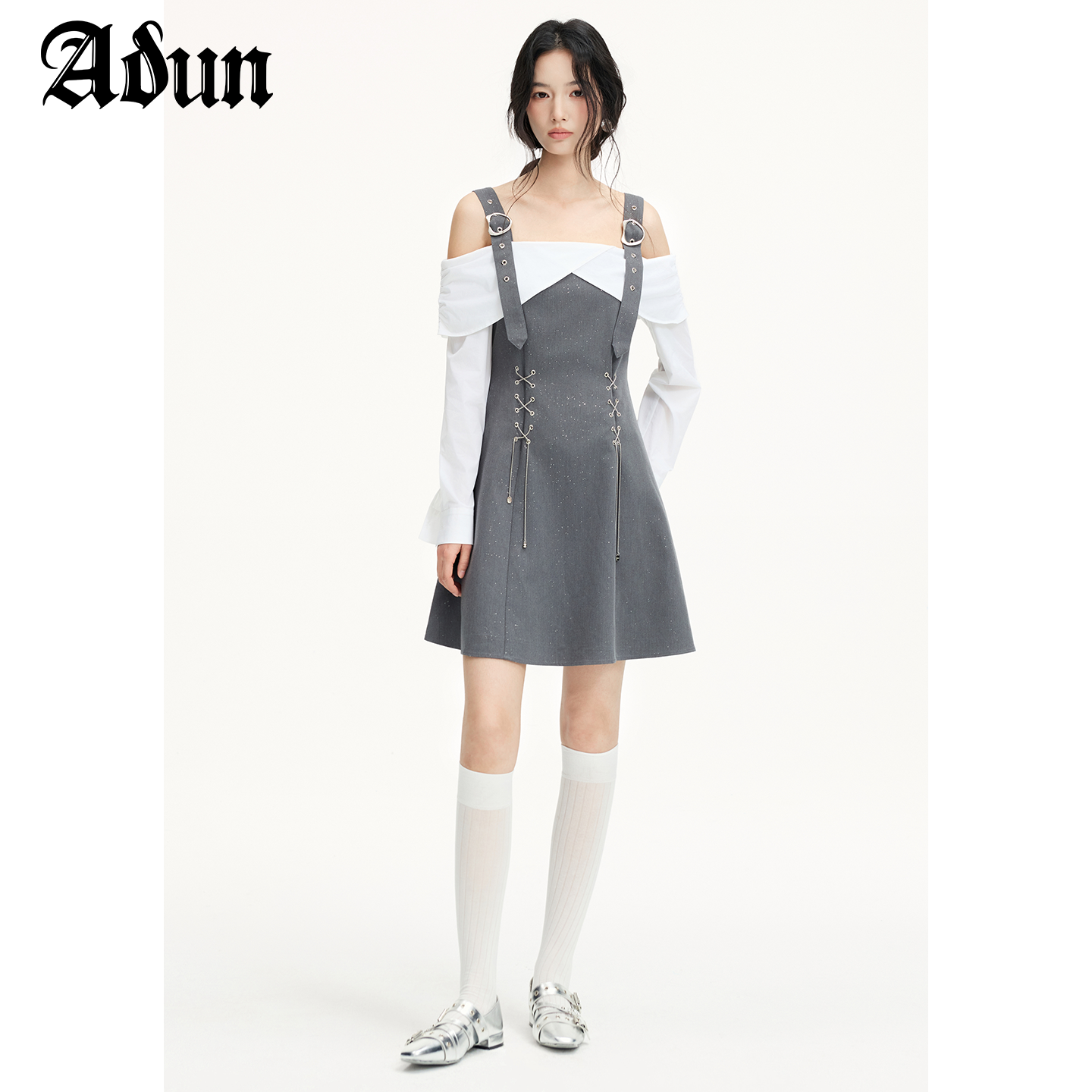 Abun【商场同款】2026年春季新品韩系灰色假两件背带连衣裙