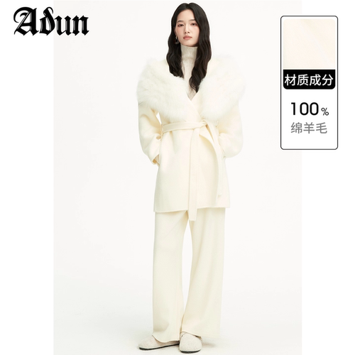 Abun【商场同款】2025年冬季新品时尚中长款毛绒领毛呢大衣