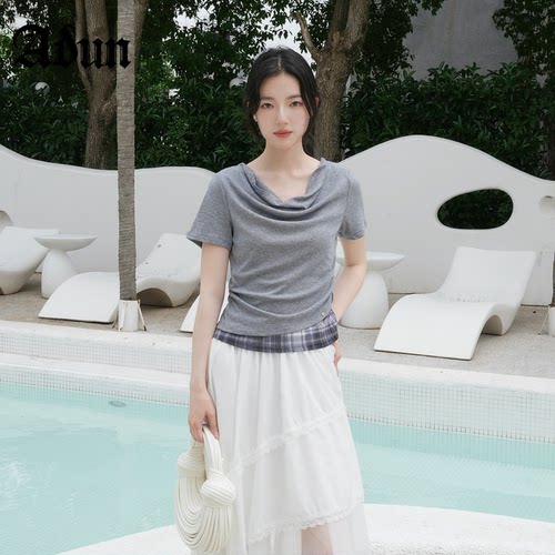 Abun【商场同款】2026年夏季新品荡领修身显瘦通勤百搭短袖上衣女