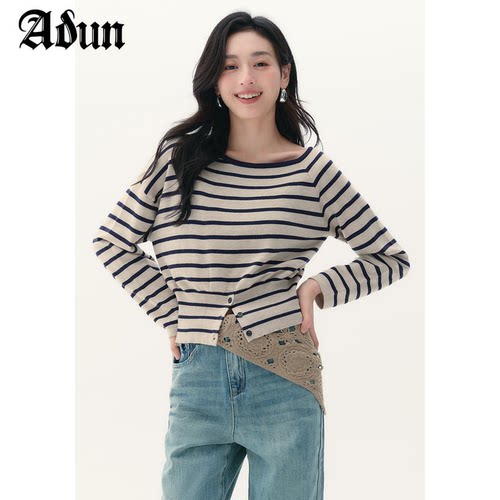 Abun【商场同款】2026秋季新品圆领条纹针织上衣女修身舒适