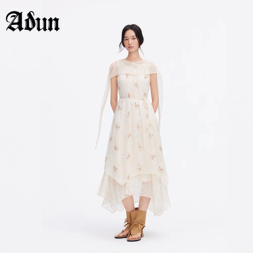 Abun【商场同款】2026年夏季新品飘带披肩式设计不规则连衣裙