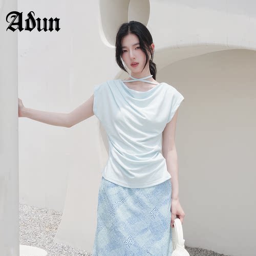 Abun【商场同款】2026 年夏季新品蓝色荡领侧边抽褶收腰无袖短袖