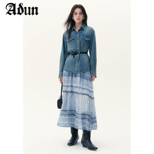 Abun 2026秋季新品长袖牛仔外套印花a字半裙套装女