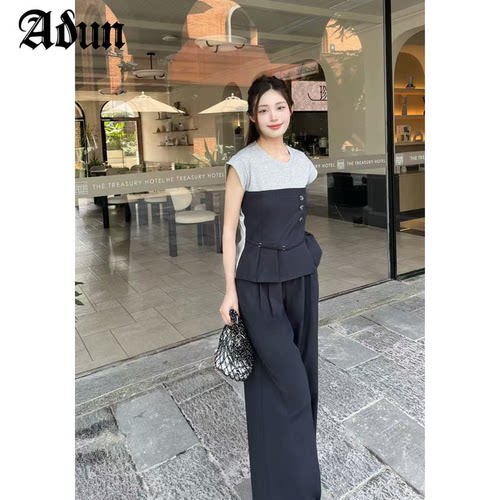 Abun【商场同款】夏季新品撞色短袖上衣休闲直筒裤两件套女