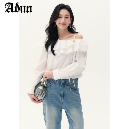 Abun 2026秋季新品纯色简约荷叶边衬衫上衣女露肩