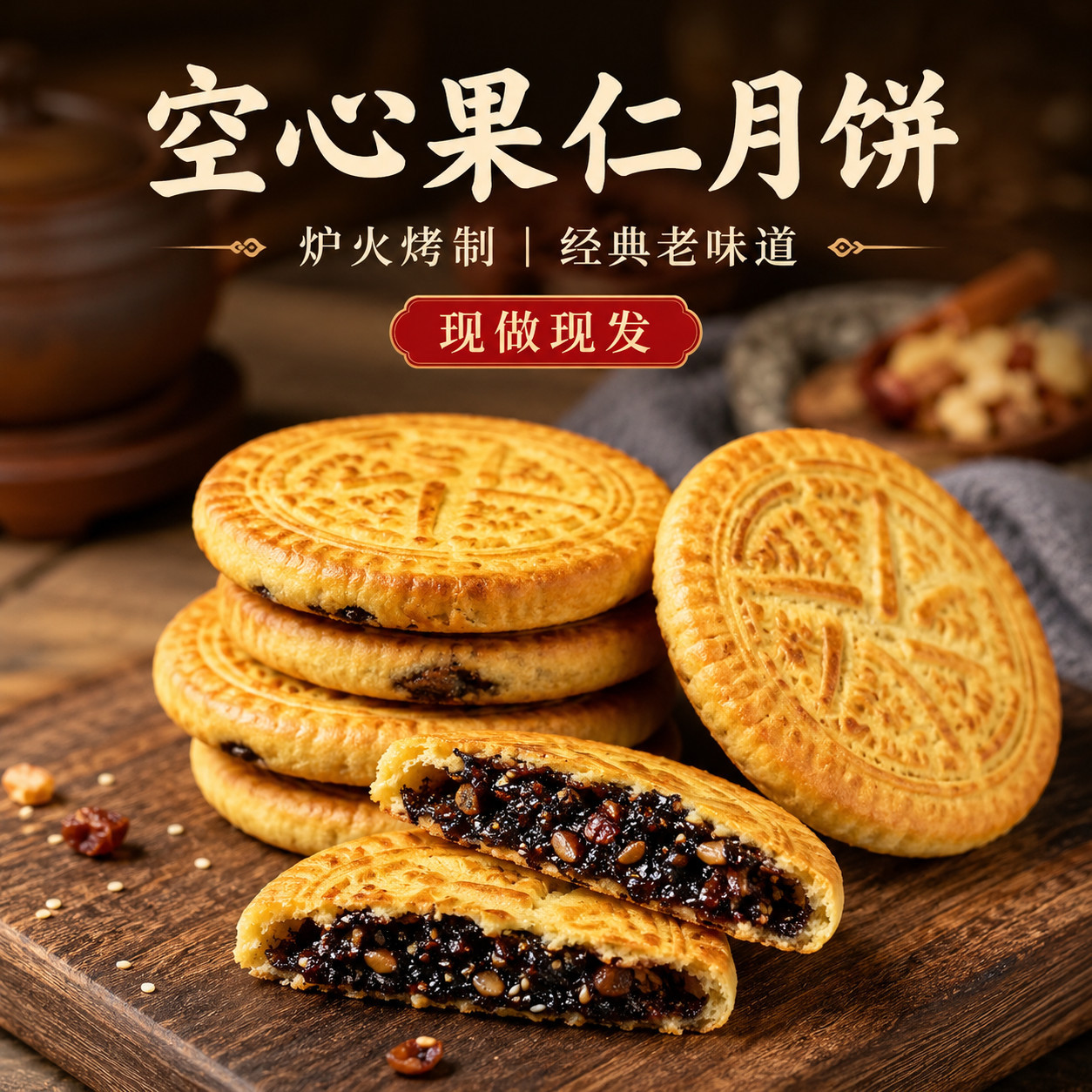 空心月饼山西风味空心果仁月饼传统手工糕点老式月饼特产中秋月饼
