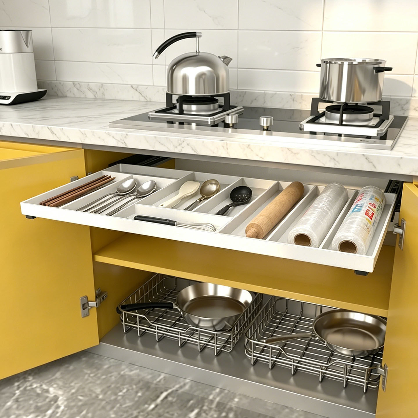 橱柜加装滑轨收纳托盘拉篮亚克力抽屉架空橱柜分格餐具收纳盒制作