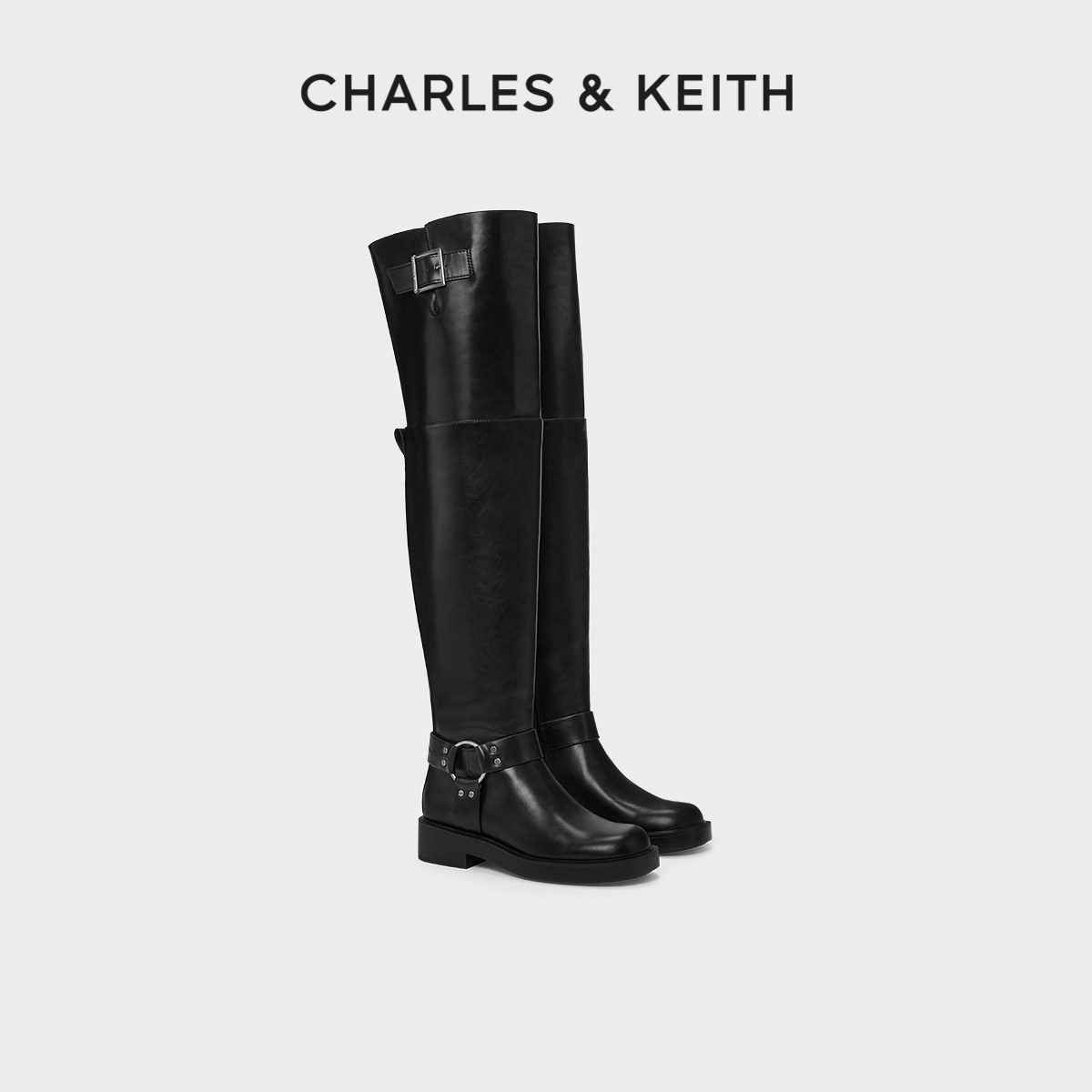 CHARLES&KEITH春季女靴CK1-90920136时尚皮带扣过膝阔筒长筒靴女
