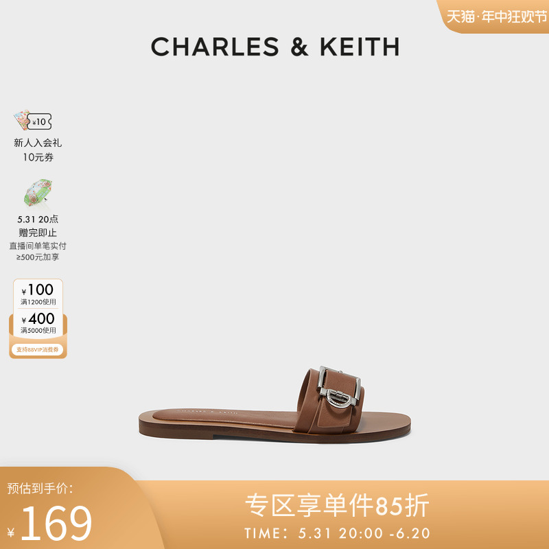 CHARLES&KEITH春夏女鞋CK1-70580210金属扣饰外穿平底一字拖鞋女