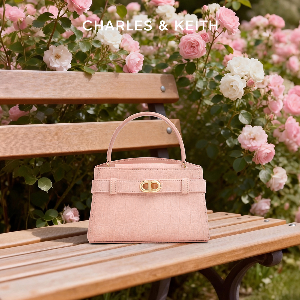 CHARLES&KEITH26春新款CK2-50270880-4仿麂皮鳄鱼纹手提凯莉包女