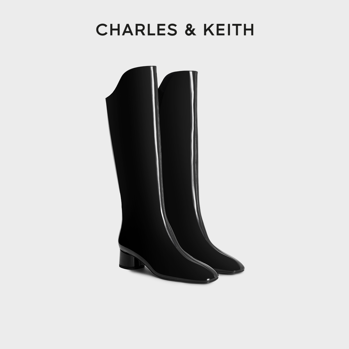 CHARLES&KEITH秋冬女鞋CK1-90580200简约漆皮粗跟高筒长靴骑士靴