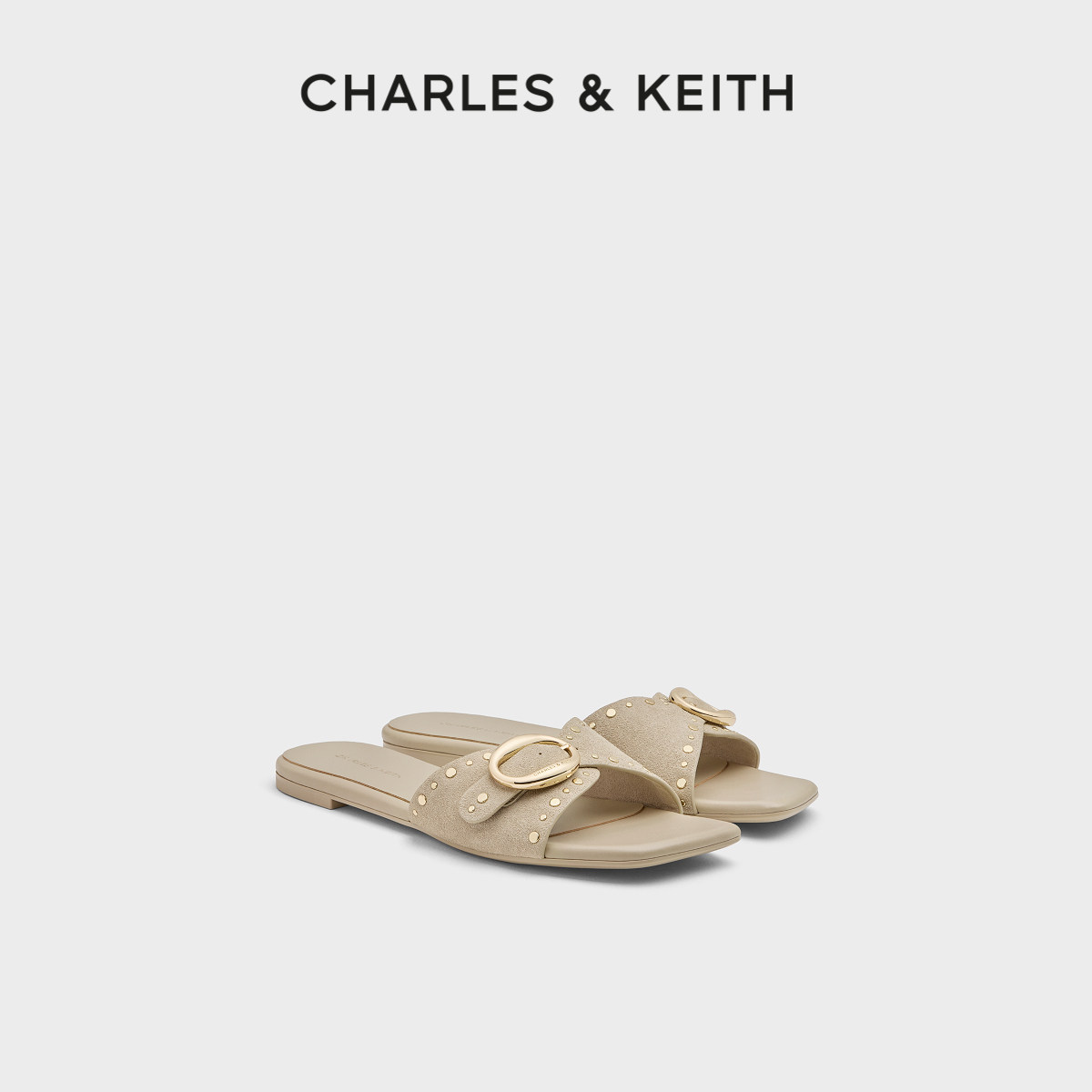 CHARLES&KEITH26夏新款CK1-70381231铆钉方头平底休闲拖鞋一字拖