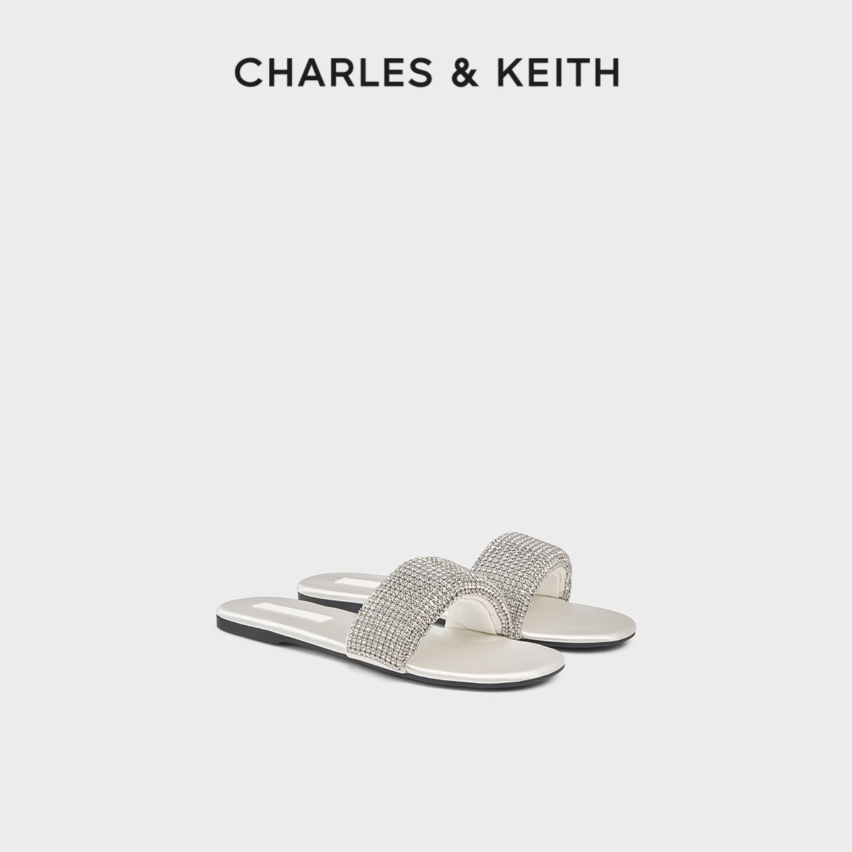 CHARLES&KEITH26夏新款CK1-70381127-1圆头平底钻饰一字拖鞋凉鞋